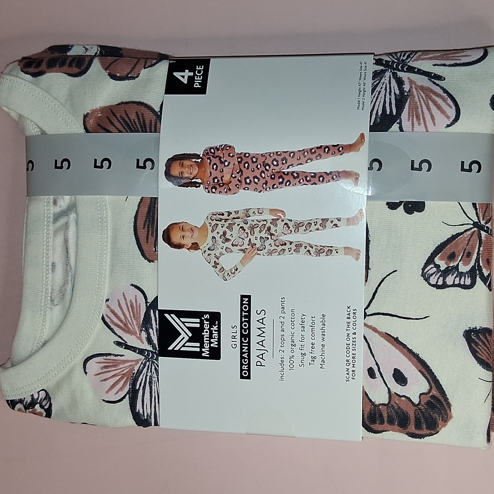 Girls Size 5 Organic Cotton Pajama Set Butterfly & Flower 4 Piece Member's Mark